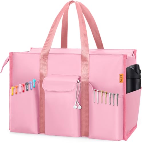 IBVIVIC Tote Bag for Women Utility Travel Tote Bags With 8 Exterior & 7 Interior Pockets Zip Top Tote for Teacher Work Pink