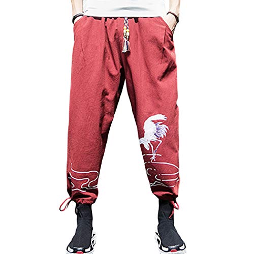 xzbailisha Men Joggers Casual Summer Pants Sweatpants Cotton Linen Breathble Pants Red