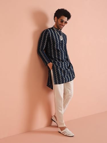 Men's Kurta – Textured Cotton Blend Tunic with Mandarin Collar, Regular Fit – Indian Wedding Outfit for Men – Festive Wear for Diwali, Eid & Celebrations, Navy Blue, 402