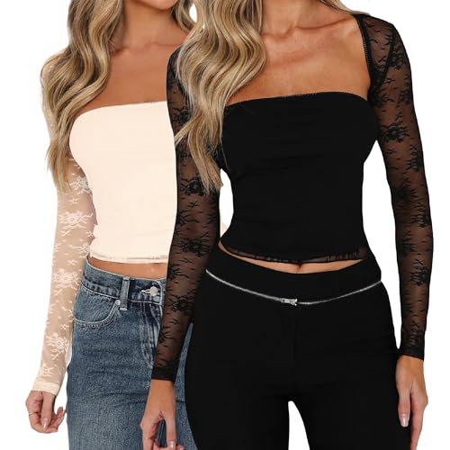 Image of JOKELAMB Women's Lace Mesh Bolero Shrug, Long Sleeve Crop Cardigan | Lace, Long Sleeve, Y2K, Floral,Adds Elegant Arm Coverage for Camisoles Dresses