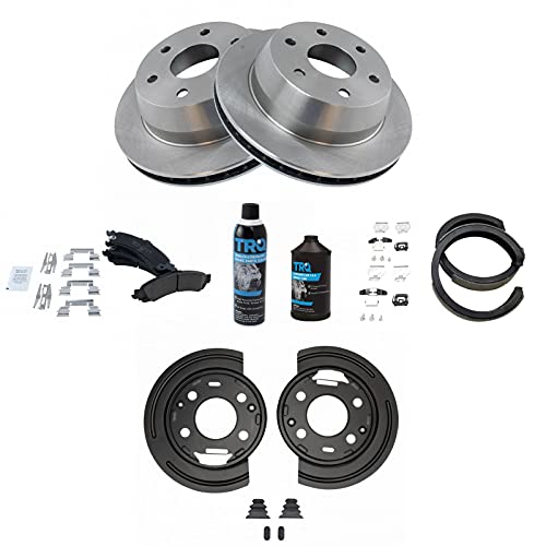 Image of TRQ Rear Ceramic Pads Rotors Parking Shoes & Backing Plates w /Fluids for GM