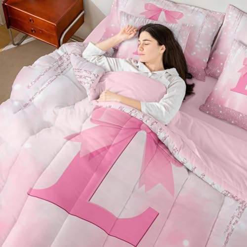 Image of Feelyou Kids Pink Bowknot Comforter Set with Sheets Twin Size, Personalized Initial L Bed in A Bag Princess Glitter 7 Pieces Bedding Set Boys Girls Bow Alphabet Teens Bed Set Bedroom Decor 7Pcs