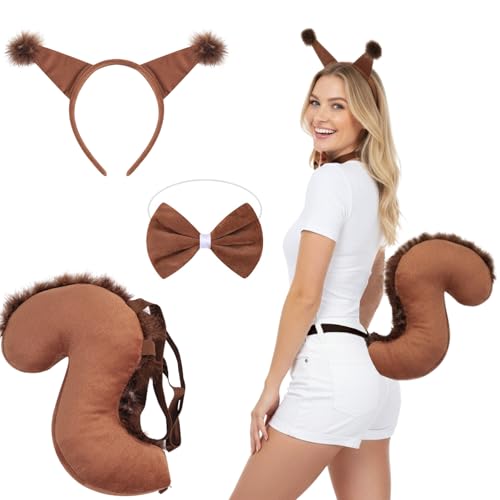 Tier Eichhörnchen Kostüm Set Eichhörnchen Mädchen Verkleidung Fuchs Streifenhörnchen Kostüm mit Stirnband Schwanz Krawatte für Cosplay Tierkostüm Zubehör Halloween Kostüm Karneval Mottoparty