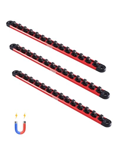 VEVOR Kit Organisateurs de Douilles en Rails Aluminium, Lot de 3, Plateaux de Douilles Métriques SAE 1/4'', 3/8'', 1/2'', avec Clips Rotatifs 360° pour...