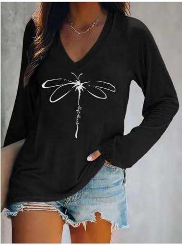 Flowers Graphic Long Sleeve V Neck Tees Shirts for Women Casual Loose Fitted Tshirts Boho Wildflower Trendy Tops Outfits2