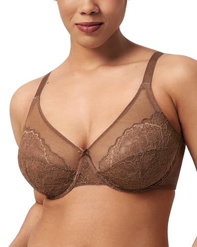 HSIA Minimizer Bras for Women Enchante Full Coverage Underwire Bras Plus Size Lifting Floral Lace Bra for Heavy Breast Coffee Brown