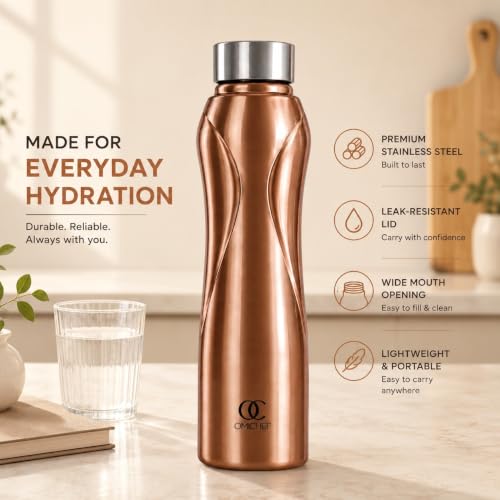 Image of Omichef Stainless Steel Water Bottle 1L (Pack of 6) | Copper Finish | Fridge Safe, Leak Proof, BPA Free | Ideal for Home, Office, School & Gym