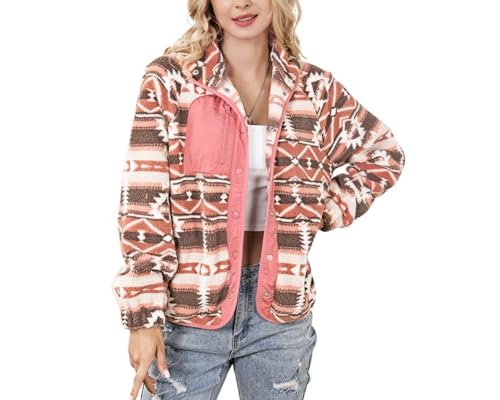 Suncadmious Damen Fleece Jacke Western Aztec Print Langarm Snap Button Down Shacket Jacken mit Taschen (Rosa,M)