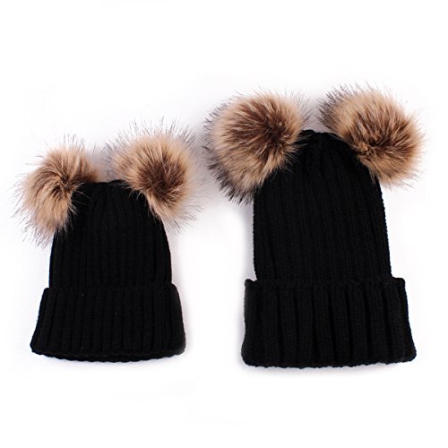 oenbopo Parent-Child Hat, Women Baby Winter Warm Hat Kid Warm Winter Knit Winter Warmer Wool Beanie Fur Pom Bobble Hat Crochet Cap Black