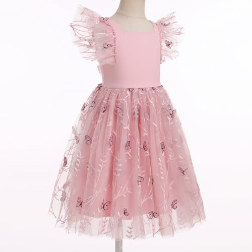 IKADEX Kids Girls Flutter Sleeve Embroidery Tulle Dress Wedding Birthday Party Dresses2