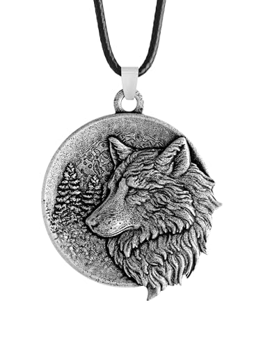 HAQUIL Wolf Necklace, Vintage Antique Wild Wolf in Jungle Pendant, Faux Leather Cord, Animal Totem Jewelry Gift