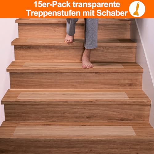 Spurtar 15 x 60 cm Treppenstufen Matten Antirutschmatte, 15 Stück Transparent Stufenmatten Innen rutschfeste Klebeband für Holzstufen Set für Boden Rutschschutz Selbstklebend Antirutsch Streifen