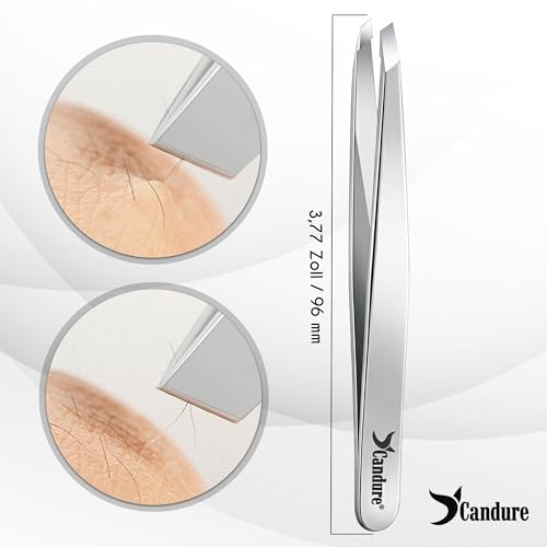 Candure Profi Schräg Pinzette für Herren & Damen – Präzisions Edelstahl Pinzetten zum Augenbrauen, Gesichts und Kinnhaare Zupfen, Eingewachsene Haare & Splitterentfernung mit Lederetui (Silber) 2