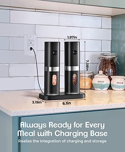 Cosyairey Electric Salt And Pepper Grinder Set, 𝟮𝟬𝟮𝟯 𝙉𝙚𝙬 Rechargeable Salt And Pepper Mill With Charging Base, White Led Light, One Hand Automatic Operation, Adjustable Coarseness, Black, 2Pack #TOP2