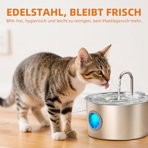 UPAWPIA 3.2L Katzenbrunnen Edelstahl mit 3 Filtern Trinkbrunnen für Katze Katzenbrunnen für Katzen mit Wasserstandsfenster Ultra leise Wasserbrunnen für Katzen Cat Water Fountain mit LED Licht