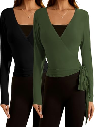 Image of SweatyRocks Women's Pilates Outfits Wrap Tops Ballet Yoga Coquette Shirt Cute Long Sleeve Workout Activewear