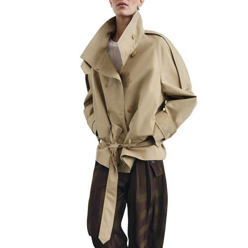 Yaykio Cropped Trench Coat for Women Funnel Neck Double Breasted