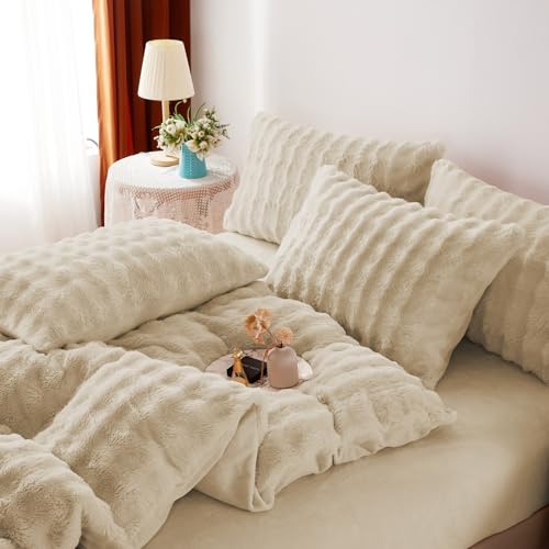 YASMENG Plüsch Bettwäsche 200x220 Winter Warm Beige Langhaar Bettwäsche Winter Super Weich Flauschig Kaninchenfellimitat Bettbezug Set… – Ansicht 3