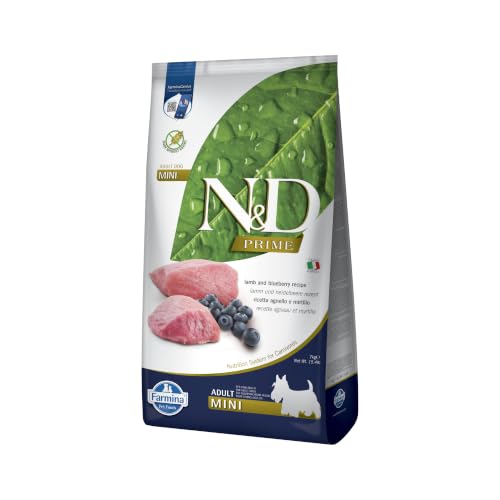 Farmina N&D Prime Adult Mini Pellets Hundefutter (Trockenfutter, mit hochwertigen Vitaminen und natürliche Antioxidantien, ohne Mais, Zutaten: Lamm und Blaubeere, Portionsgröße: 7 kg)