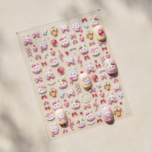 Image of Easter Nail Art Stickers Rabbit Nail Decals Cute Cartoon Nail Stickers for Nails Art Self Adhesive 5D Embossed with Design Bow Nails Charm for Women Girls Kid DIY Manicure Supplies Decoration
