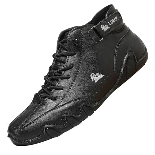 Toumov Driving Shoes for Men Women Hand Stitching Leather Slip-On Ankle Boots Handmade Walking Sneakers Fashion Non-Slip Hiking Boot Comfortable Running Shoes for Hiking Camping Black