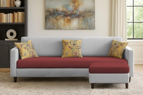 Image of Casaliving Premium Lifestyle Fabric 5 Seater L Shape Sofa Set 4 Seater Modern Sofa Set & Ottoman for Living Room (Maroon Grey Color)