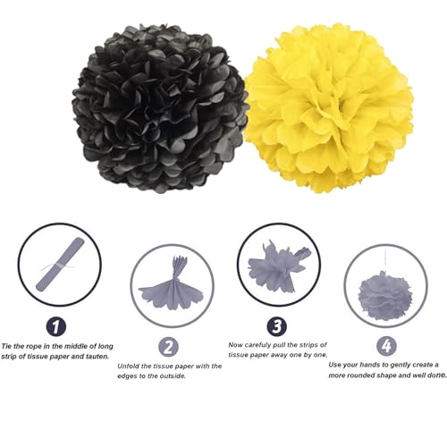 Image of We Moment Black and Yellow Paper Pom Poms for Wedding Birthday Party Decoration - Ceiling Wall Hanging Tissue Flowers - 12pcs 2 Colors of 12 Inch 10 Inch
