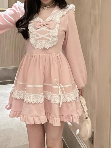 Lolita Kawaii Sailor Dress Teens Fall Casual Cute Lace Bow Long Sleeve High Waist Frilly Hem Party Junior Dresses2