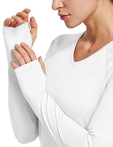 BALEAF Women's Long Sleeve Running Shirts Thumbholes Quick Dry V-Neck Workout T-Shirts Exercise Hiking White M