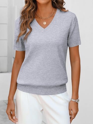 Image of ANRABESS Women Wool Blend Sweater Summer 2026 Short Sleeve V Neck Pullover Top Business Casual Outfit Beach Vacation Clothes