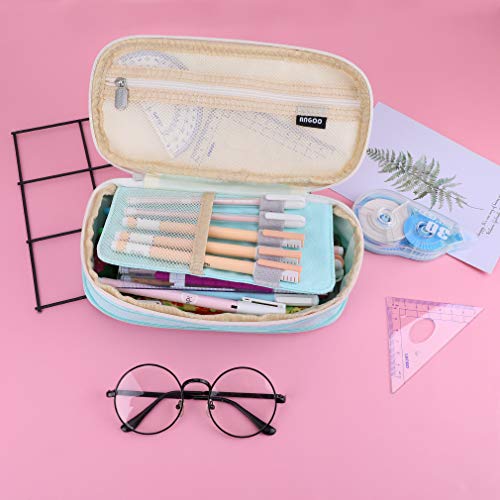 iSuperb Foldable Pencil Case Zipper Big Capacity Canvas Pencil Pouch Stationery Organizers Pen Bag Compartments Cosmetic Makeup Bags for Girls Boys (Green+Beige)