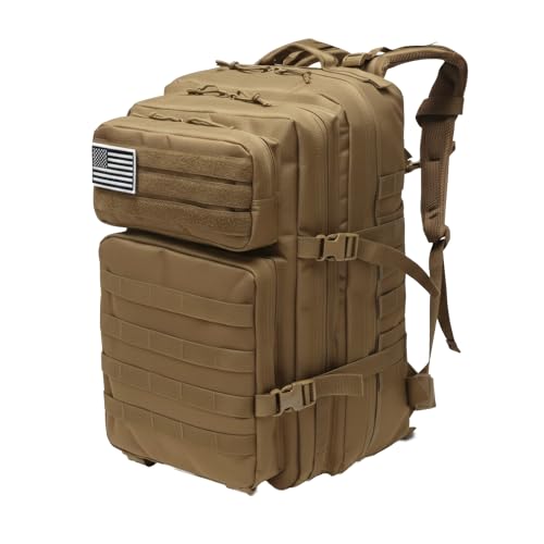 Military Tactical Backpack for Men and Women Molle 45L Large Army 3 Days Assault Pack Bug Out Bag Water Resistant and Heavy Duty Hiking Camping Treeking Rucksack -Tan
