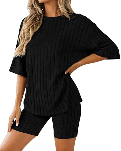 Image of KIRUNDO Short Sets For Women Summer 2 Piece Matching Lounge Sets Casual Rib Knit Tshirts Biker Shorts Beach Vacation Outfits