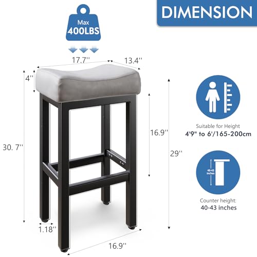 Image of 29 Inch Bar Height Bar Stools Set of 2, 29 inch Barstools for Kitchen Island Counter, Backless Bonded Leather Bar Height Stools with Thick Saddle Seats & Heavy Duty Metal Base, Easy Assembly, Gray /Black