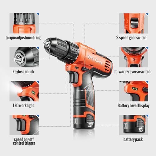 Image of DongCheng 12V Cordless Drill Machine for Home Use, 35Nm Max Torque, 150W Copper Motor, 1Pc 2000mAh Battery and Fast Charger, 2-Variable Speed (0-400 /0-1500 RPM), 18+1 Torque Setting