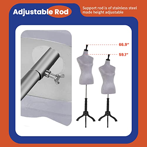 59-67 Inch Female Mannequin, Torso Sewing Mannequin Dress Form Mannequin Body Adjustable Dress Mannequin with Stand Wood Base for Sewing Counter Window Display (Grey) - Thumbnail 5
