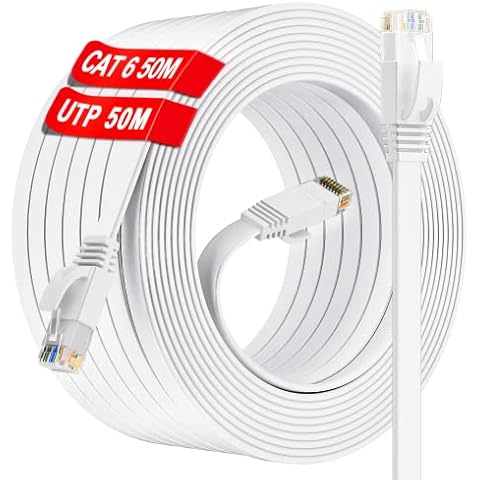 ikbc 50m Flat Ethernet Cable, CAT.6 164ft Long Internet Cable Network Cable Rj45 | High Speed 10/100/1000Mbit/s Patch cable Compatible with CAT.5 / CAT5e / CAT.7 | 50 Clips Cover