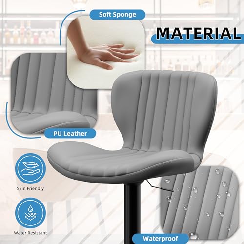 Image of Shintenchi Bar Stools Set of 2 Modern Swivel Bar Chairs, Counter Height Faux Leather Metal Barstools, Upholstered Island Chairs with Back and Footrest, Gray