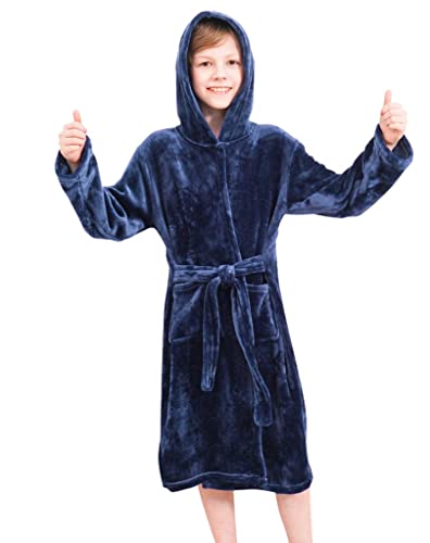 Doctor Unicorn Boys Soft Hooded Bathrobe Kids Warm Gamer Fleece Robe Sleepwear (Navy - 12-13 Years)