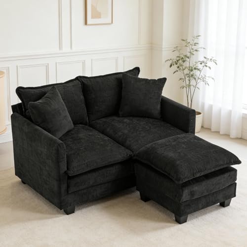 Image of Loveseat Sofa with Ottoman, 50'' Modern L-Shape Cloud Couch Sofa Loveseat with 22'' Ottoman for Small Space Apartment Office Living Room Bedroom 8834-BLACK-L-1