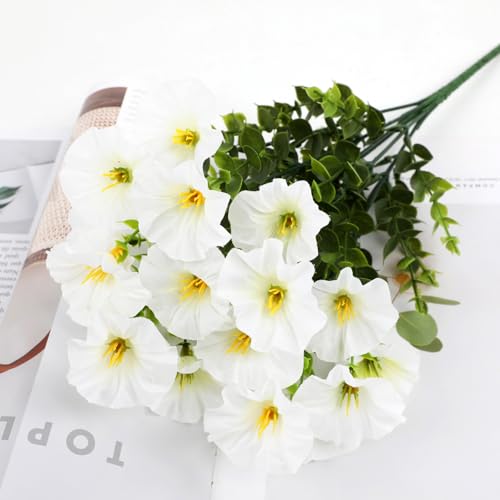 12 Bundles Artificial Flowers for Outdoors Decoration, Fake Silk Morning Glory Flowers Faux Eucalyptus Plants UV Resistant for Patio Garden Home Decor (White) image 7