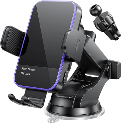 Car Phone Holder Wireless Charger 7 Colored RGB BacklitMOSURR 15W Auto Clamping Wireless Car Charger Mount for iPhone 16 15 14 Mini Pro Max Samsung Galaxy S26 Ultra S25 S24+ etc