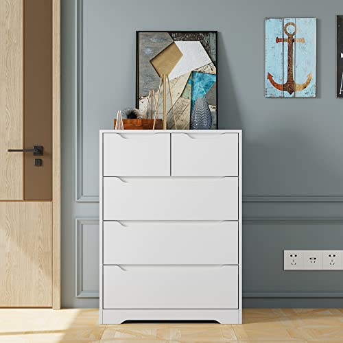 Hostack Modern 5 Drawer Dresser, Chest Of Drawers With Storage, Wood Clothing Organizer With Cut-Out Handles, Accent Storage Cabinet For Living Room, Bedroom, Hallway, White #TOP1