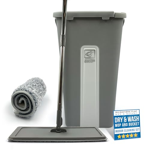 Flat Mop and Bucket Set with 360 Swivel Head 2 Microfibre Mop Heads Built In Bucket Wringer & Scraper Easy to Use Mops for Cleaning Floors in Bathroom Kitchen Wood Tile Laminate