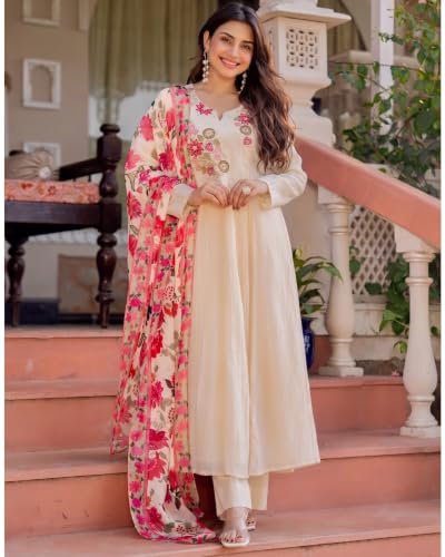 Image of KLOSIA Women's Anarkali Kurta Set with Floral Printed Dupatta | Embroidered Kurta Pant Set for Women | Cream Ethnic Wear | Festive, Wedding