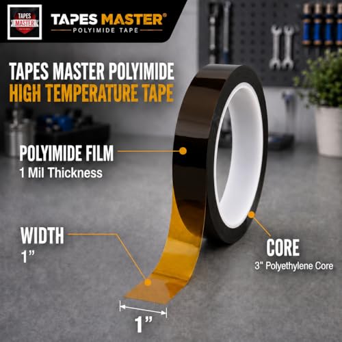 Image of Tapes Master 1 inch x 36 Yds 1 Mil Kapton Tape - Polyimide High Temperature Heat Rresistant Tape with Silicone Adhesive - No Residue
