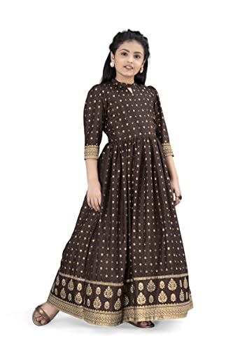 Image of Fashion Dream Girls Dola Silk Maxi Length Flared Foil Printed Dress|Maxi Dress|Long Dress|Printed Dress|Printed Maxi Dress(Brown 11-12 Year)