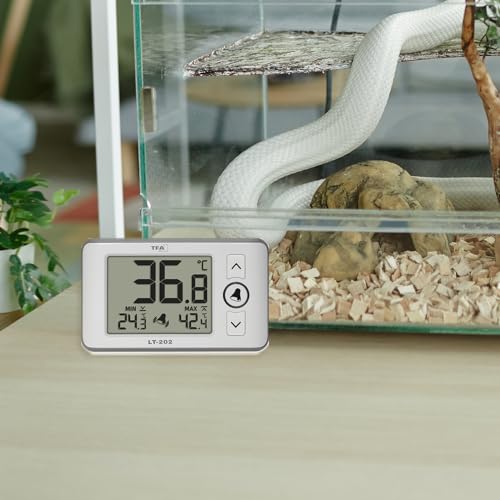 TFA Dostmann Digitales Profi-Thermometer mit wasserdichten Kabelfühler LT202, 30.1052, permanente Anzeige der Max.-Min.-Werte, Temperaturalarm, für Aquarien/Kühlschränke geeignet, weiß