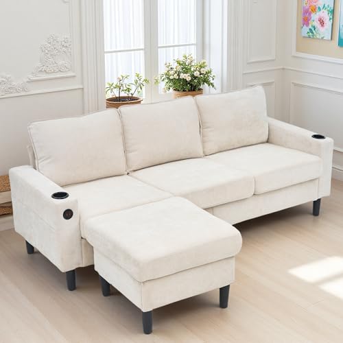 Luonians - Sofá acolchado con puertos USB y tipo C, sofá de 3 plazas con dos portavasos, sofá cama en L, para apartamento, salón y dormitorio (Beige)