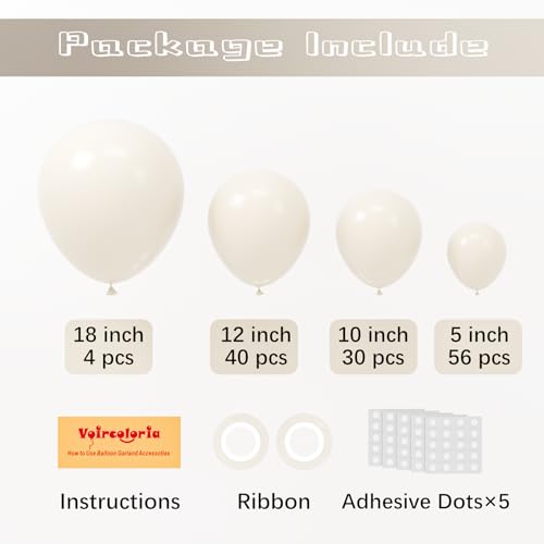 Image of Voircoloria 130pcs White Sand Balloons Different Sizes 18 inch 12 inch 10 inch 5 inch Off White Party Latex Balloons for Birthday Baby Shower Graduation Wedding Gender Reveal Anniversary Party Decorations